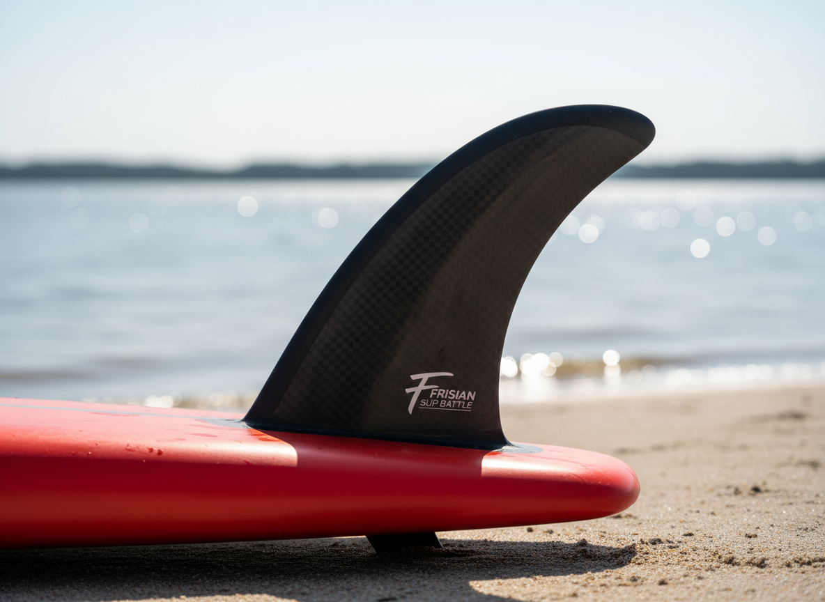 A close-up of an aerodynamic SUP race fin crafted from matte black carbon fiber, its woven texture illuminated by sharp directional sunlight. The fin is partially embedded in the rear of a vivid, red paddleboard that rests next to the water’s edge on smooth, wet sand. The intense lighting creates narrow, defined shadows beneath the fin, emphasizing its streamlined design. The background remains uncluttered, with only the blurred silver shimmer of the lake and a horizon line providing context. Framed tightly with a shallow depth of field, the bold and minimalist photographic style exudes energy and technical precision, embodying the competitive edge of the Frisian Sup Battle.