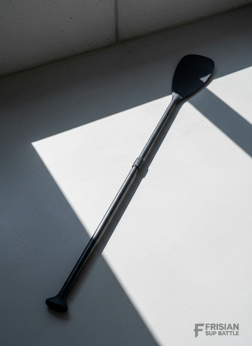 A sleek, modern black SUP paddle with a matte carbon shaft and subtly textured handle lies diagonally across a minimalist pale concrete surface. Striking directional light from the left side casts a crisp, elongated shadow, accentuating the paddle’s curves and ergonomic grip. The background is intentionally stark and uncluttered, ensuring the elegant engineering and athletic presence of the paddle dominate the frame. Captured from above with a centered, rule-of-thirds composition, the image radiates a bold and confident energy, using photographic realism and minimalist style to emphasize the essential gear of the Frisian Sup Battle event.