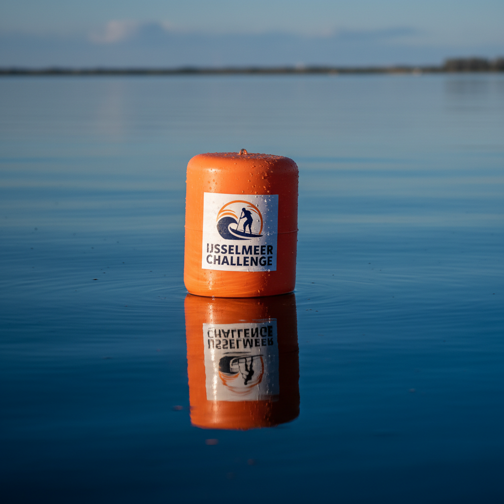 A weathered, waterproof event marker buoy in bold orange floats on the smooth, deep blue surface of Lake IJsselmeer. The buoy’s logo-facing side is slick with water droplets, sharply lit by angled afternoon sunlight that produces a vivid reflection and high-contrast shadow on the lake below. The background remains a minimalist expanse of open water, with distant, blurred hints of the far shoreline. This clean, eye-level composition in photographic style celebrates the bold, action-oriented personality of the event, evoking race intensity and the raw, elemental beauty of competitive stand-up paddleboarding.