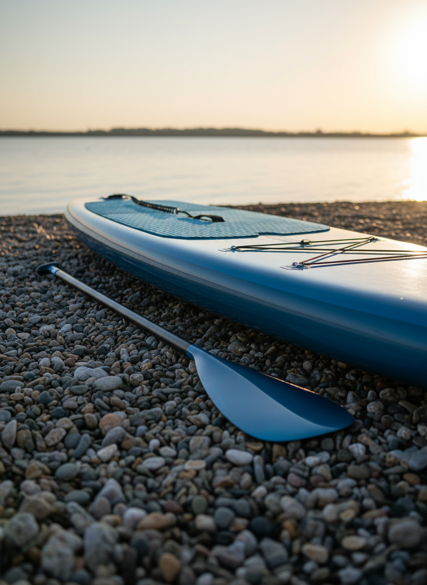 A streamlined, high-performance carbon fiber stand-up paddleboard with sharp, contoured edges and a bold, deep blue finish sits on the smooth, pebble-strewn shore of Lake IJsselmeer. The sun sits low in the sky, casting intense, crisp, angular shadows that highlight the textured board surface and glossy paddle blade resting beside it. The background fades into a soft, minimized shoreline, allowing the paddleboard’s striking form to command attention. Captured from a low-angle perspective with an eye-level composition, the image conveys a sense of readiness and anticipation. The photographic realism, minimalist background, and high-contrast lighting evoke a bold and dynamic atmosphere, perfectly reflecting the spirit of competitive SUP events.