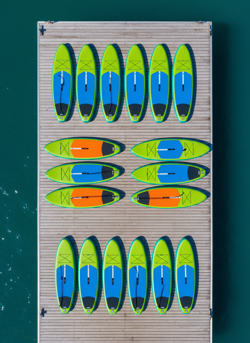 A graphic overhead view of an array of colorful SUP boards—lime green, cobalt blue, and bright orange—neatly lined up on a minimalist, sun-bleached wooden dock jutting over deep, rippling blue water. The midday sun bathes the scene in high-impact, natural light, casting strong linear shadows of the boards on the dock planks below. The sharp contrasts and clean lines deliver a sense of organization and readiness, with an energetic, anticipatory mood. Photographic realism and a top-down composition lend the image a bold clarity, making it an ideal visual for an event site showcasing the scale and excitement of SUP races without visual distraction.