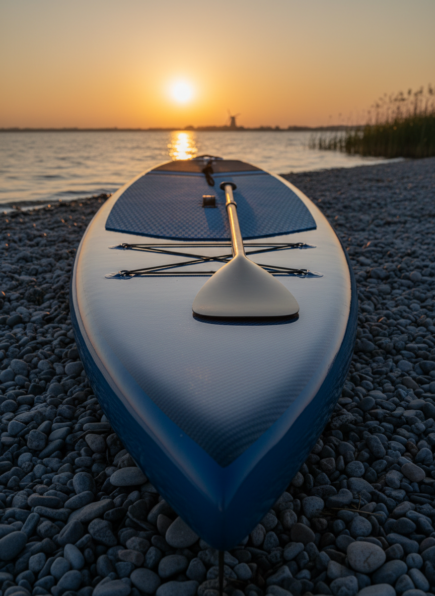 A streamlined, high-performance carbon fiber stand-up paddleboard with sharp, contoured edges and a bold, deep blue finish sits on the smooth, pebble-strewn shore of Lake IJsselmeer. The sun sits low in the sky, casting intense, crisp, angular shadows that highlight the textured board surface and glossy paddle blade resting beside it. The background fades into a soft, minimized shoreline, allowing the paddleboard’s striking form to command attention. Captured from a low-angle perspective with an eye-level composition, the image conveys a sense of readiness and anticipation. The photographic realism, minimalist background, and high-contrast lighting evoke a bold and dynamic atmosphere, perfectly reflecting the spirit of competitive SUP events.